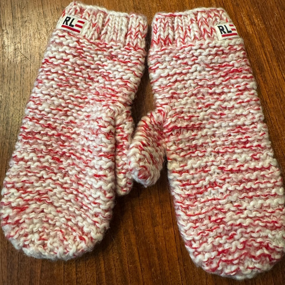 Ralph Lauren Red and White Knit Mittens